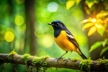 A Vibrant Yellow and Black Bird Perched on a Mossy Branch in a Lush Green Forest