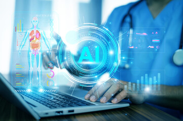 Artificial intelligence revolutionizing healthcare, as a medical professional interacts with a...