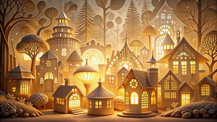 Obraz premium Enchanted Village at Night Illuminated Houses, Trees, and Structures in a Whimsical Setting