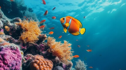 Fototapeta premium Orange And Yellow Fish Swimming Near Vibrant Coral Reef