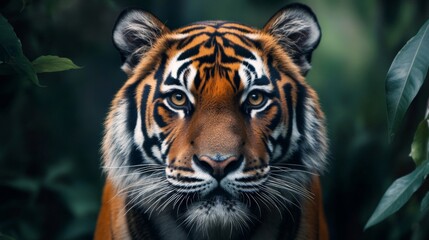 Obraz premium Closeup Portrait of a Tiger in Lush Green Forest
