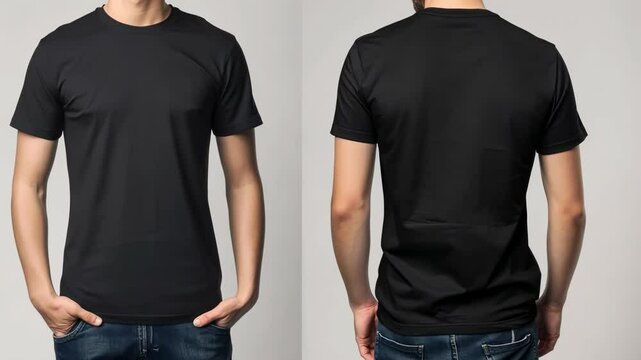 Front and back view of a person wearing a black t-shirt, captured from a straight angle, ideal for showcasing apparel in a promotional video.