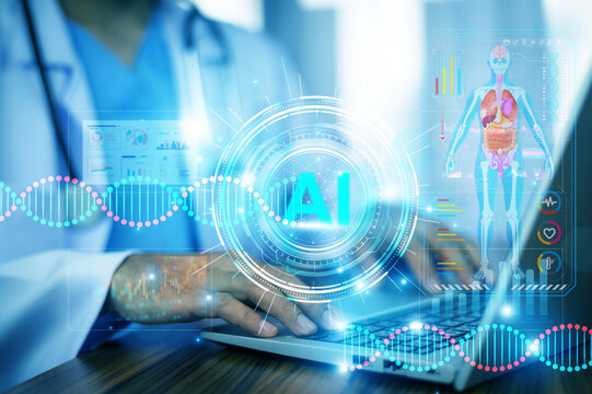 Artificial intelligence revolutionizing healthcare, as a medical professional interacts with a futuristic AI interface displaying anatomy and genetic analysis