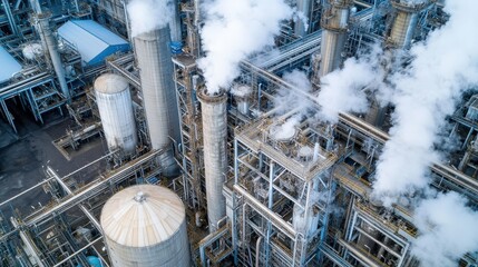 Aerial view of a large industrial plant with steam rising from its towers.  Shows complex infrastructure and manufacturing processes.