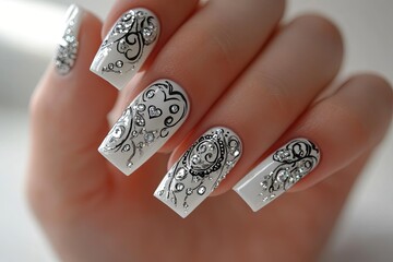 Elegant white nails with intricate black designs, close-up view,  studio setting