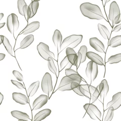 Fototapeten Floral seamless pattern features eucalyptus leaves in muted green tones on a white background, creating a light and airy design © momosama
