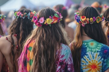 Smiling woman with sunglasses and flower crown at a lively outdoor music festival