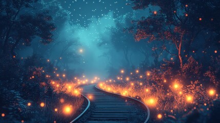 Obraz premium Enchanted Firefly Forest Railroad: A Nighttime Journey