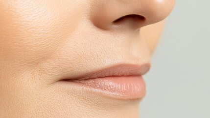 Fototapeta premium Close up of a woman's lower face highlighting her flawless skin and full lips, suggesting recent cosmetology or beauty enhancement procedures