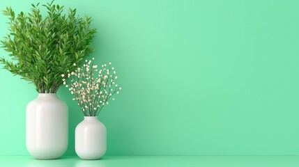 Minimalist vases with greenery on mint background