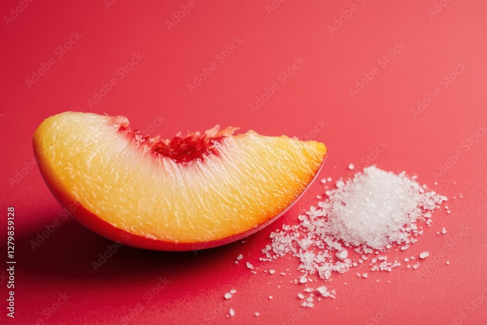 Wall mural Slice of peach with pit near pile of sugar