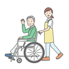 車椅子の高齢男性と介助をする若い女性が手を振る全身イラスト
