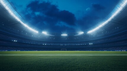 Empty Stadium at Night, Soccer Game, Dark Sky, Empty Seats, Sports Background, Use for Sports Ads