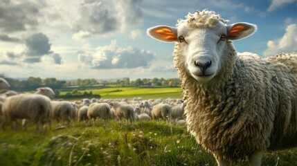 Fototapeta premium Close Up Fluffy White Sheep In Front Of A Flock In Green Pasture