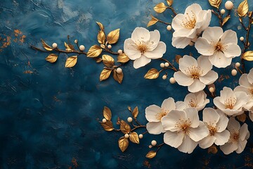 Flat lay of gold leaves eucalyptus populus on beige blue background.