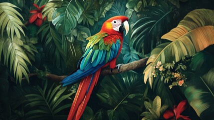 Fototapeta premium Red Macaw Perched on Branch Among Lush Green Tropical Foliage