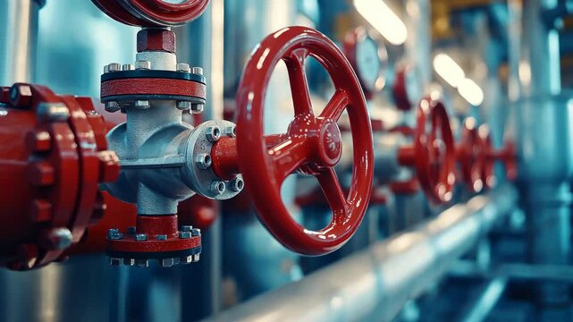  Industrial red valves and metal pipes in a factory, engineering and infrastructure concept. High quality 4k footage