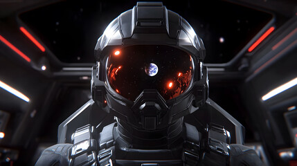Fototapeta premium Close-up of an astronaut's helmet reflecting a distant planet and stars. The helmet is sleek, black, and futuristic, set against a dark spaceship interior.