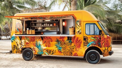 Vibrant Tropical Food Truck on a Sunny Beach