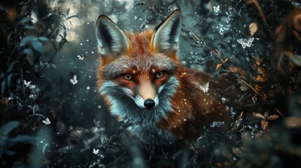 Red Fox in Snowy Forest at Night