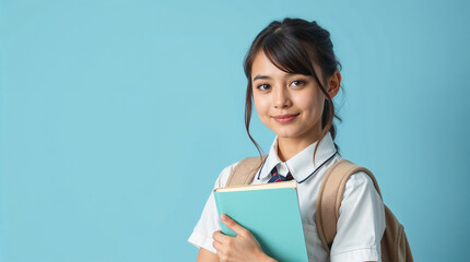 Obraz premium Back to school. Schoolgirl student hold book on light blue isolated studio background. School and education concept