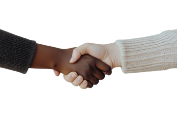 A handshake between a Black man and a White woman, isolated on a transparent background.