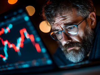 Focused man analyzing stock market data on laptop at night in dimly lit office, for financial news or investment articles