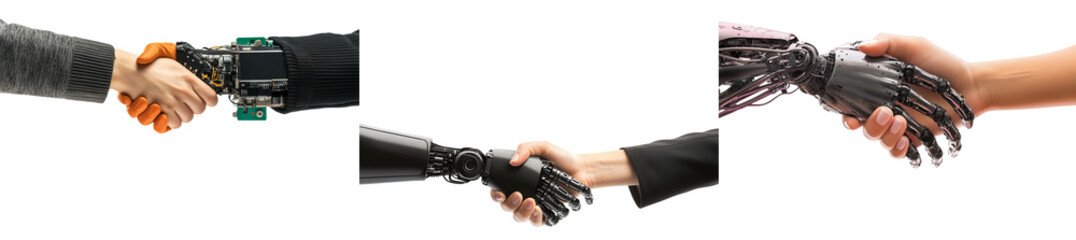 Set of a female hand and a robot shaking hands, isolated on a transparent background.