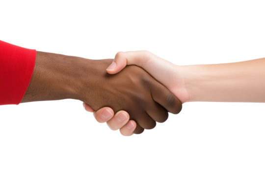 A handshake between a Black man and a White woman, isolated on a transparent background.