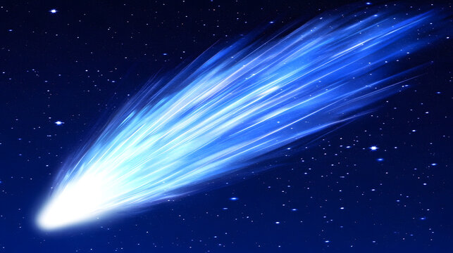 A vibrant blue comet streaks across a dark, starlit night sky. Its luminous tail shines brightly against the deep blue backdrop, creating a dramatic and captivating celestial scene. - Powered by Adobe