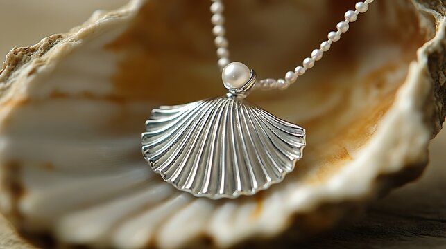 Silver seashell pendant on pearl necklace, oyster shell