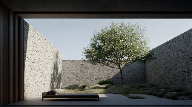 Modern courtyard patio with tree, sunlit stone walls, minimal bed