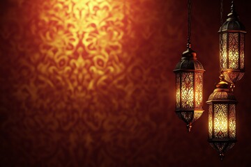 banner for ramadhan , Ornate Islamic hanging lamps glow with golden light on a gradient orange-to-gold background, perfect for festive Ramadan messages and designs.