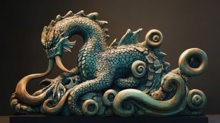 Teal Dragon Sculpture Amidst Swirling Clouds