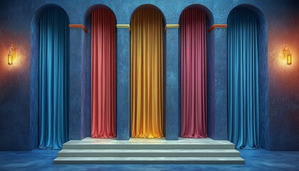 Colorful Curtains Gracefully Drape Within Ornate Architectural Arches