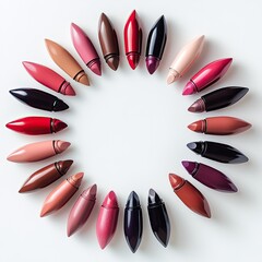 Obraz premium Colorful lipsticks arranged in a circle on white background