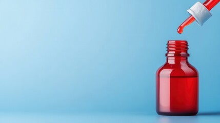 Red liquid dropper bottle with vibrant blue background and a droplet falling from the nozzle