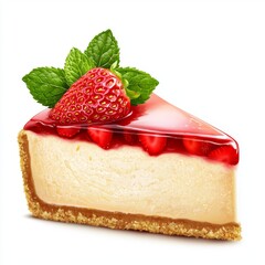 Delicious strawberry cheesecake slice topped with fresh strawberries, mint leaves, and glossy red gel on a golden crust