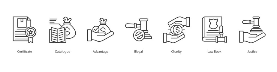 Audit Plan Icon Sheet certificate, catalogue, advantage, illegal, charity, law book, justice