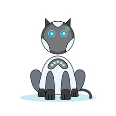 Futuristic AI robot cat. has a round head, glowing blue eyes, and a white and gray body. The cat is sitting and a small tail curls behind it. relevant to technology, robotics, and futuristic.