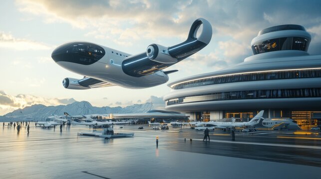 Futuristic flying vehicle at modern airport