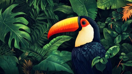 Fototapeta premium Vibrant Toucan Amid Lush Green Rainforest Foliage