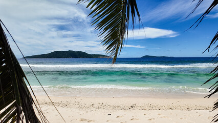 A breathtaking tropical beach with swaying palm trees, soft sand, and a turquoise sea stretching to the horizon. Seychelles, La Digue.