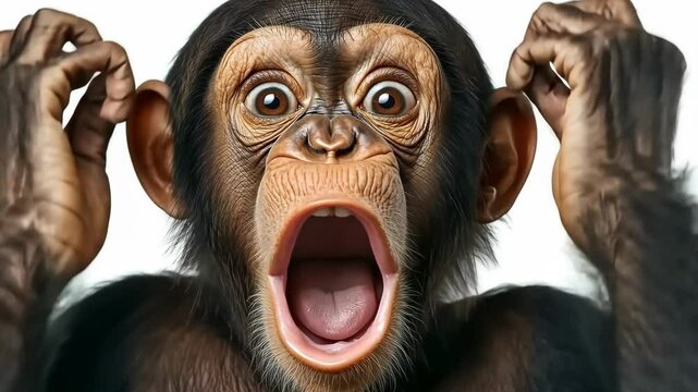 Chimpanzee expressing surprise with wide-open mouth and raised hands in a playful display of emotion