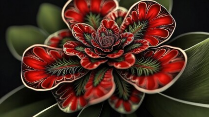 Vibrant Red Floral Design with Intricate Leaf Patterns
