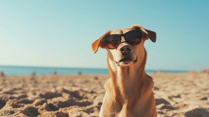 Dog wearing sunglasses relaxes on the beach during a sunny day with ocean waves in the background