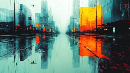 Obraz premium Colorful cityscape reflecting on rainy pavement with bold geometric shapes and vibrant hues at dusk