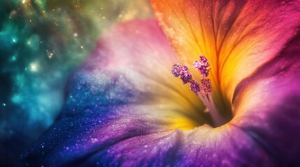 Vibrant Cosmic Flower with Multicolored Petals and Shimmering Dust