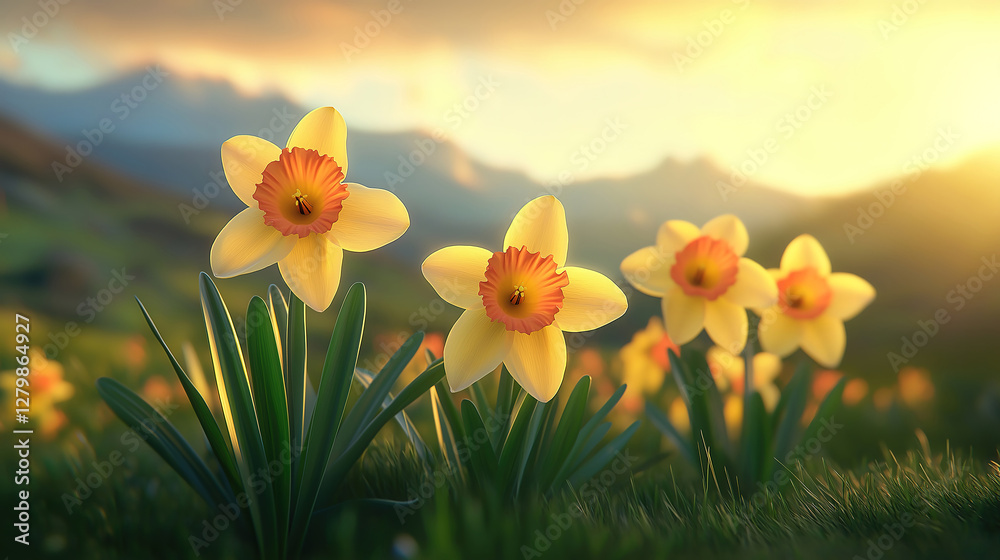Wall mural golden daffodils swaying gently in the breeze, filling the field with color and fragrance