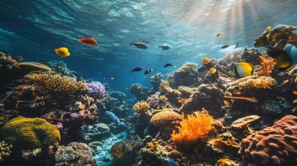 Naklejka premium Vibrant Underwater Coral Reef Scene With Colorful Fish